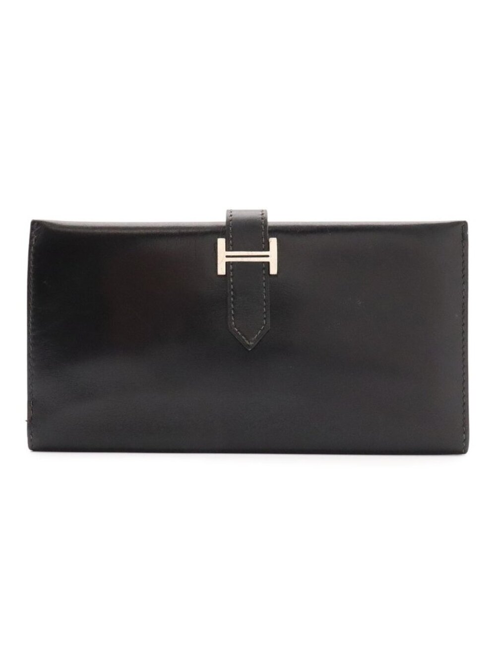 Hermes Bearn Classic Wallet Bifold Box Calf Leather Black Silver